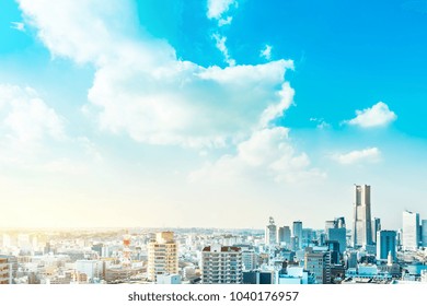 Asia Business Concept For Real Estate And Corporate Construction - Panoramic Modern City Skyline Aerial View Of Yokohama Minato Mirai 21 Area Under Blue Sky In Yokohama, Japan