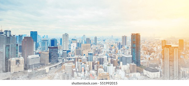 Asia Business Concept For Real Estate - Panoramic Modern Cityscape Building Bird Eye Aerial View Under Sunrise And Morning Blue Bright Sky In Osaka, Japan, Mix With Hand Drawn Sketch Illustration