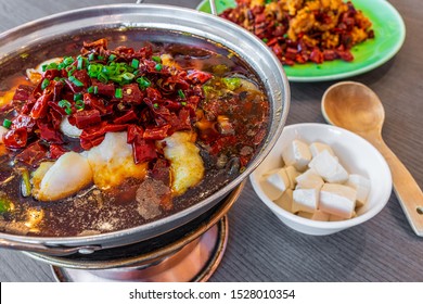 Asia, China Food. Szechuan Water Boiled Spicy Fresh Fish. Fried Chicken Side Dish. Chengdu Chongqing Hotpot Food Culinary.