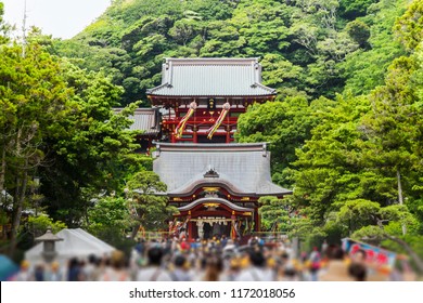 Asia culture concept - Tsurugaoka Hachimangu shrine under blue sky in Kamakura, Japan.