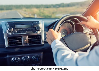 Asia Man Driving His Car. Driving Car At Holiday, Nature