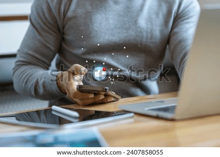 Asia Man hands using smartphone with 1 new email alert sign icon pop up, Male using phone for check email for work or sending text SMS short message at home, Online communication concept