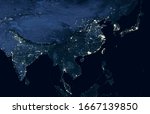 Asia map in satellite picture, view of China, Korea, India, Malaysia, Taiwan from space. Orbit photo of Earth, globe at night. Dark seas and Pacific ocean. Elements of this image furnished by NASA