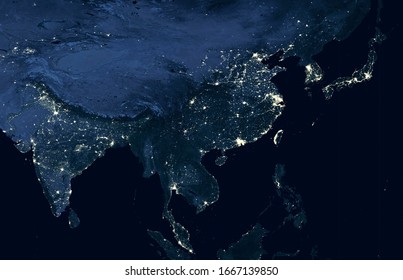 Asia Map In Satellite Picture, View Of China, Korea, India, Malaysia, Taiwan From Space. Orbit Photo Of Earth, Globe At Night. Dark Seas And Pacific Ocean. Elements Of This Image Furnished By NASA