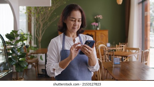 Asia mature adult woman people wear apron small cafe receive e-mail text good news SME lending service solution win seller store in social media app. Shock smile laugh face in sale order reopen shop.