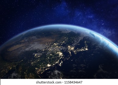 Asia At Night From Space With City Lights Showing Human Activity In China, Japan, South Korea, Taiwan And Other Countries, 3d Rendering Of Planet Earth, Elements From NASA