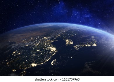 Asia At Night From Space With City Lights Showing Human Activity In China, Japan, South Korea, Hong Kong, Taiwan And Other Countries, 3d Rendering Of Planet Earth, Elements From NASA