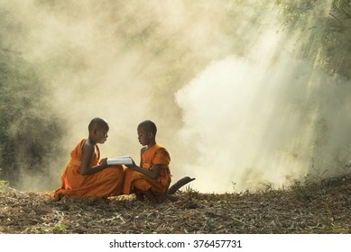 Asia, Novice Reading  Book  Of  Buddhism Thailand.