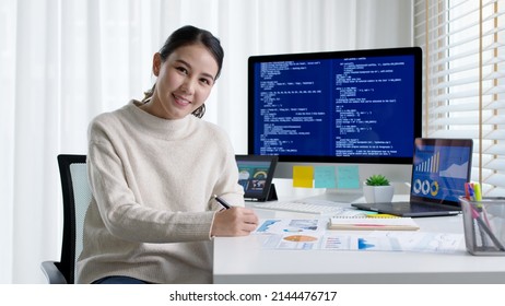 Asia people MBA college woman work at home office smile happy look at camera online study on laptop big data for future job career reskill upskill in workforce AI IT cyber class remote virtual learn. - Shutterstock ID 2144476717