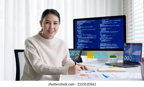 Asia people MBA college woman work at home office smile happy look at camera online study on laptop big data for future job career reskill upskill in workforce AI IT cyber class remote virtual learn.