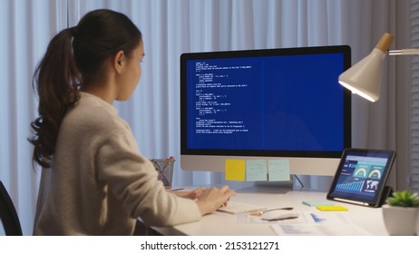 Asia people MBA college woman work busy at late night home office online study on laptop typing coding search data for future job career reskill upskill workforce IT cyber class remote virtual learn.
