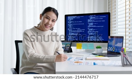 Asia people MBA college woman work at home office smile happy look at camera online study on laptop big data for future job career reskill upskill in workforce AI IT cyber class remote virtual learn.