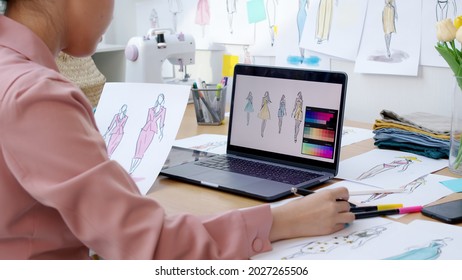 Asia People SME Owner Or Retail Fabric Craft Store Work In Artist Studio Home Office On Desk Busy Learn Online Study Art Class On Laptop In Digital Dress Color Screen App Write Job Idea Skill On Web.