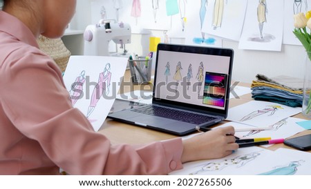 Asia people SME owner or retail fabric craft store work in artist studio home office on desk busy learn online study art class on laptop in digital dress color screen app write job idea skill on web.