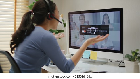 Asia people young woman stress angry bored sad in wifi cut out worry work at home issue video call talk with unreliable low poor loss signal speed or error fail load buffer bad slow internet outage.