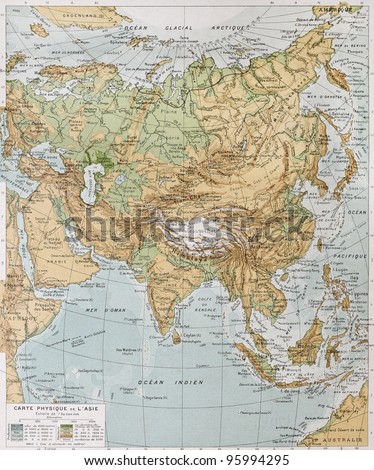 Asia physical map. By Paul Vidal de Lablache, Atlas Classique, Librerie Colin, Paris, 1894 (first edition)