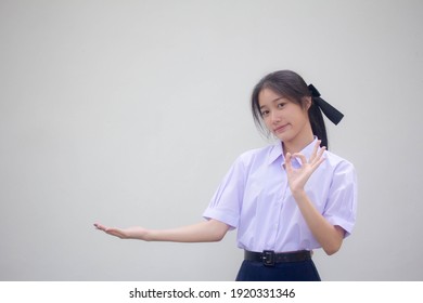 Asia Thai High School Student Uniform Beautiful Girl Show Hand