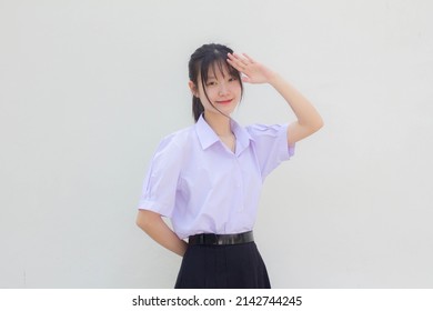 asia thai high school student uniform beautiful girl salute