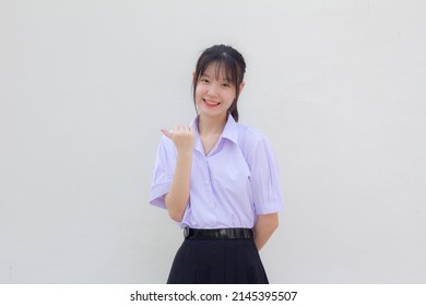 Asia Thai High School Student Uniform Beautiful Girl Pointing