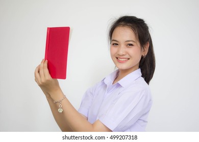 Asia Thai High School Student Uniform Beautiful Girl Read A Book