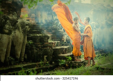 Asia Two Novices At Ayutthaya Historical Park 