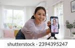 Asia vlogger woman influencer smile enjoy hobby happy fun live online screen  reel  at home Gen Z teen girl talent people play video selfie camera shoot  app show share viral story