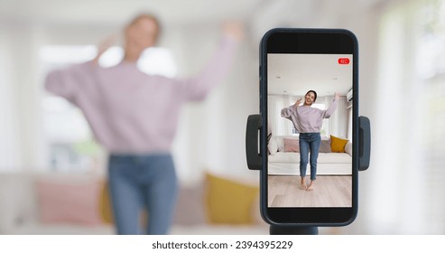 Asia vlogger woman influencer smile enjoy hobby happy fun live online screen  reel  at home Gen Z teen girl talent people play video selfie camera shoot  app show share viral story