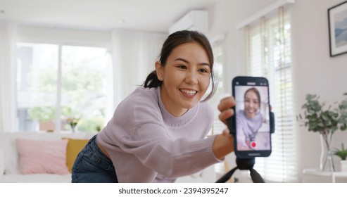 Asia vlogger woman influencer smile enjoy hobby happy fun live online screen  reel  at home Gen Z teen girl talent people play video selfie camera shoot  app show share viral story - Powered by Shutterstock - Get 15% off with code: PIKWIZARD15