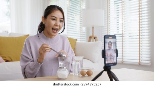 Asia vlogger woman influencer smile enjoy hobby happy fun live online screen  reel  at home Gen Z teen girl talent people play selfie camera shoot  app show share viral edtech video