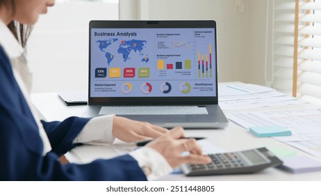 Asia woman expert people AI deep tech talent working on project predict sales insight SEO graph chart plan visual big data science report center BI smart tools screen. Office worker asian analyst job. - Powered by Shutterstock