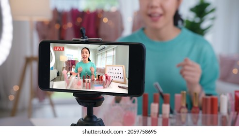 Asia Woman Micro Influencer Record Live Viral Video Camera At Home Studio. Happy Youtuber Fun Talk Speak Advice Review Hobby In Media. Vlogger Selfie Shoot Enjoy Work Show Smile Teach Like Share App.