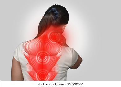 Asia Woman Muscle Pain With Red Spot. Joint Inflammation Concept.