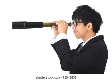 Asia Young Business Man Looks Through A Telescope