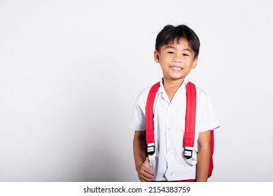 Asian Adorable Toddler Smiling Happy Wearing Student Thai Uniform Standing In Studio Shot Isolated On White Background, Portrait Little Children Boy Preschool, Happy Child Back To School