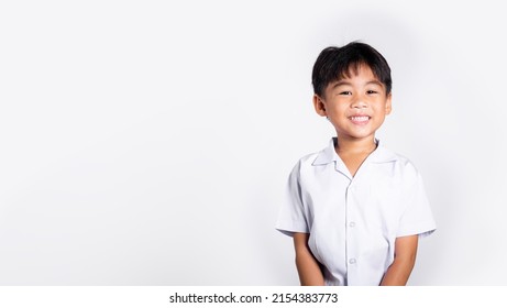 Asian Adorable Toddler Smiling Happy Wearing Student Thai Uniform Standing In Studio Shot Isolated On White Background, Portrait Little Children Boy Preschool, Happy Child Back To School