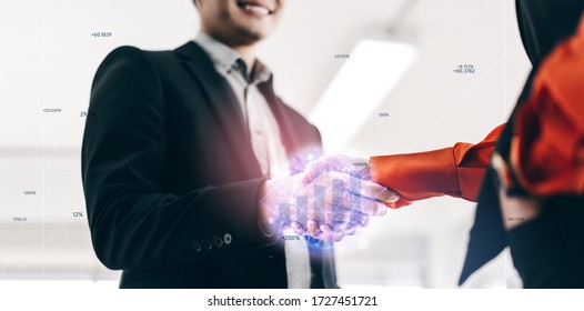 Asian Adult Business Man And Woman Partnership Handshake Together With Network Digital Effect. Future Technology Innovation Financial Growth Concept.