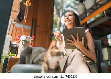 Asian Adult Female Creative Designer Casual Relax Working With Her Cat Pet Morning Weekend At Home Studio,young Asian Asian Wear Apron Research Information For Her Workshop Via Tablet Device