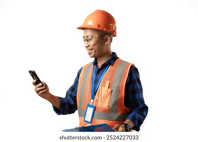 Asian adult male construction worker standing with clipboard and cell phone, industrial and construction concept, isolated on white background. - Powered by Shutterstock