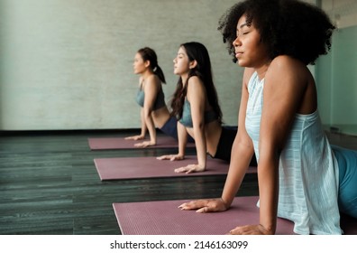 Asian  and African American woman friend doing Yoga Pilates workout together at gym.Group of diversity practicing yoga class, healthy Exercise,stretching in  exercise, wearing sportswear bra . - Powered by Shutterstock