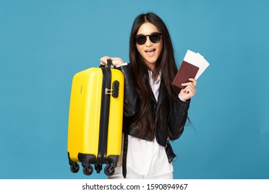 Asian Appearance Woman Glasses Travel Suitcase