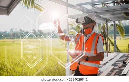 Asian architect engineer using VR tablet graphical ui screen simulation plan design blueprint, futuristic program architectural innovation, construction site building project using modern technology.