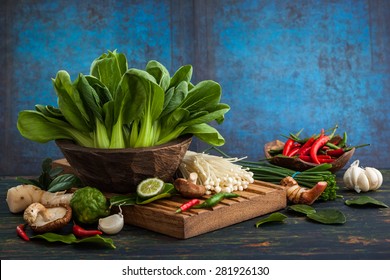 Asian Assortment Of Fresh Vegetables,mushrooms, Spices And Herbs