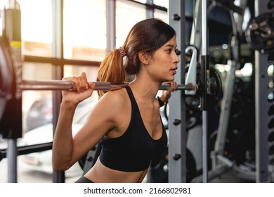 Asian Athletic Sport Girl With Perfect Fitness Body Doing Workout Hard Training With Bar In The Gym