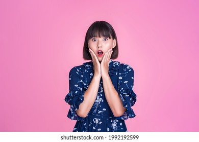 Asian Attractive Cute Short Hair Woman Happy Face Shocked Surprised Amaze Unexpected Confident Independent Strong Mother Businesswoman Wearing Casual Dress Pink Isolated Background In Studio Portrait 