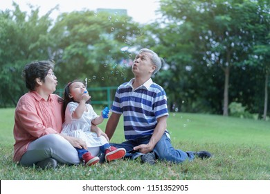 Asian attractive happy grandfather help to blows the bubbles from granddaughter made them and attractive happy grandmother look at them in the public garden at vacation or holiday. Family Concept. - Powered by Shutterstock