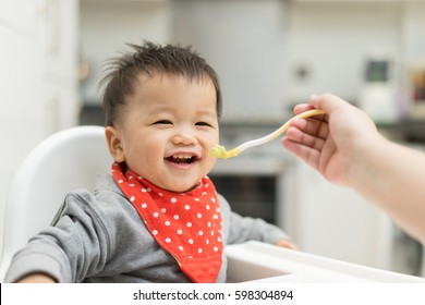 Asian Baby Boy Eating Blend Food On A High Chair