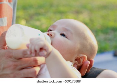 Asian Baby Boy Eating Milk From Bottle In Park.