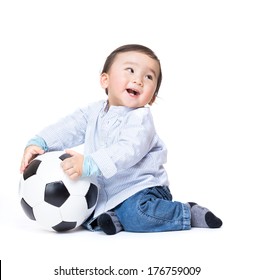 Asian Baby Boy Feel Excited Playing Soccer Ball