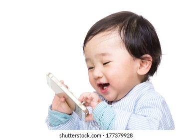 Asian Baby Boy Play With Mobile Phone