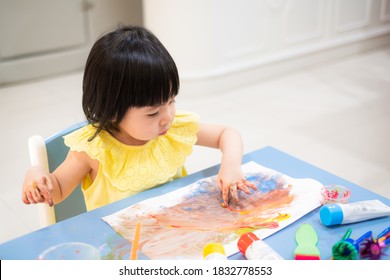 Asian Baby Girl Paint Watercolor By Her Hand.